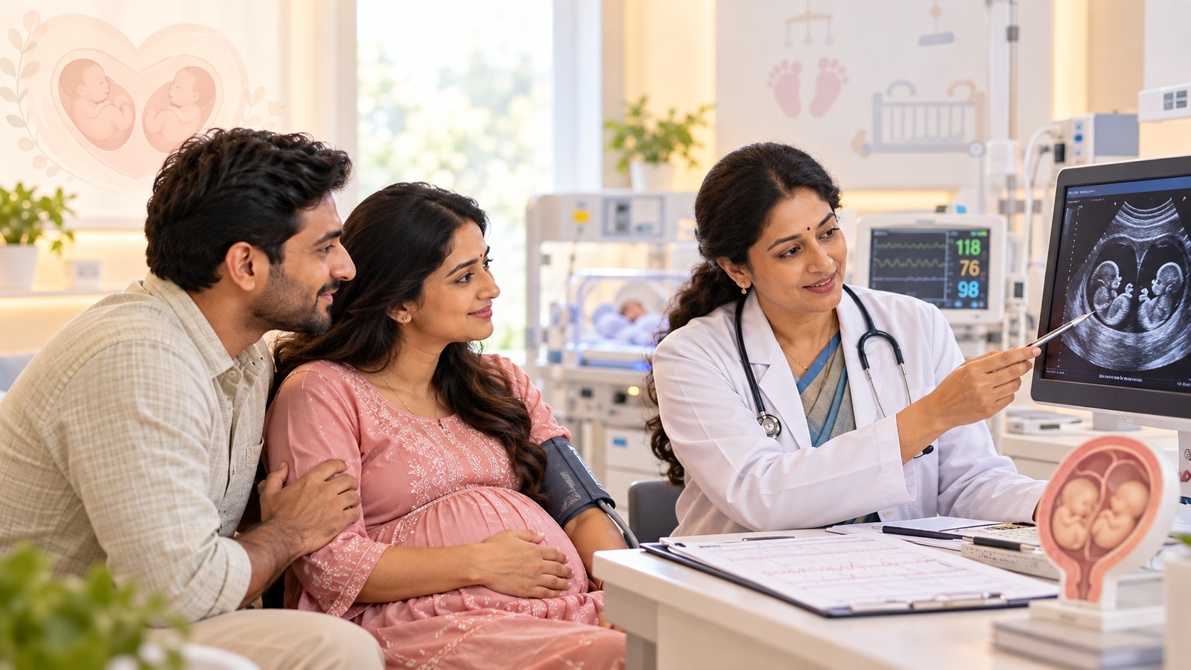 Doctor explaining a twin pregnancy ultrasound to an expecting couple