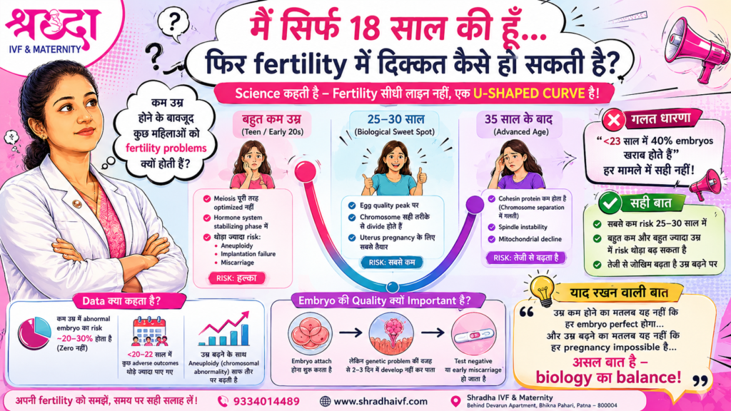 Age Fertility Chart showing age vs embryo quality, featuring stages of fertility risk in teens, mid-20s, and after 35