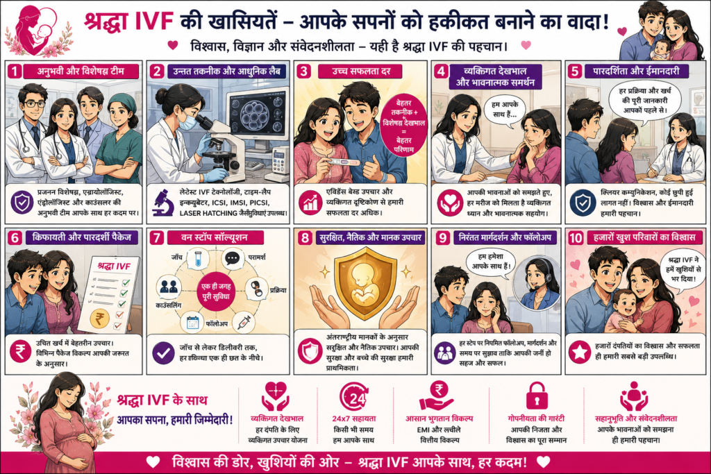 Shradha IVF features and fertility treatment awareness comic poster in Hindi