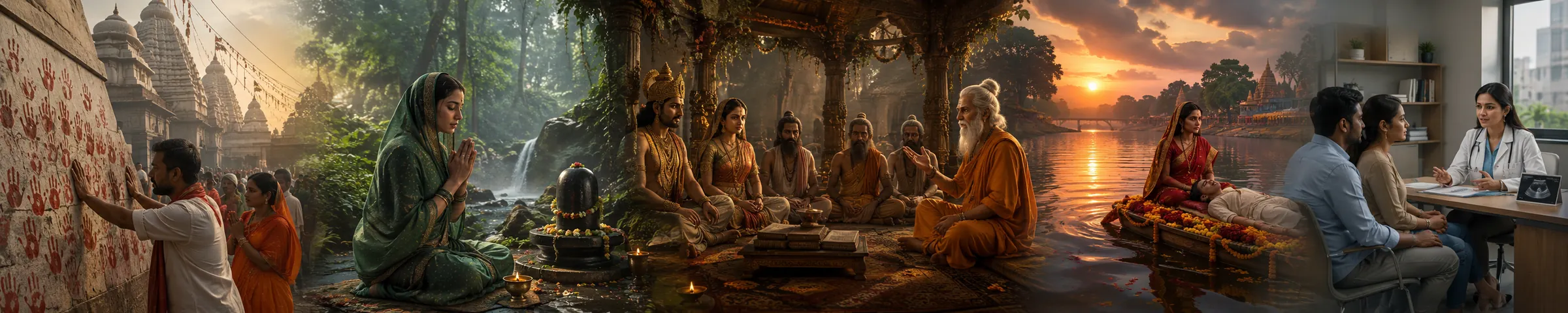 सावन की चार कथाएँ एक साथ — थापा पूजा की दीवार, पार्वती की तपस्या, राजसभा में लोमश ऋषि, मंजूषा पर बिहुला, और आज का fertility clinic