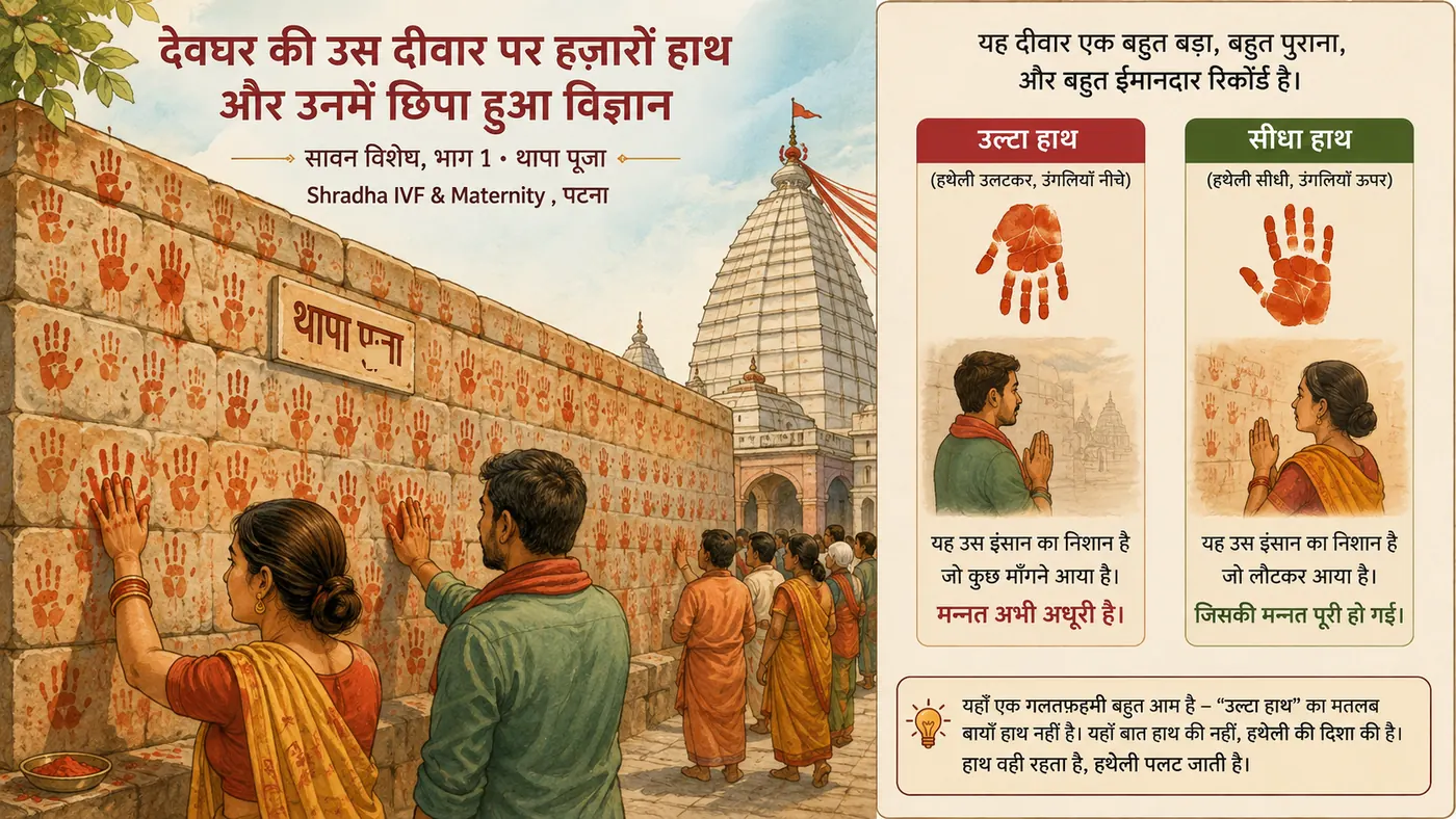 देवघर बैद्यनाथ धाम की दीवार पर थापा पूजा — उल्टे और सीधे हाथ के निशान