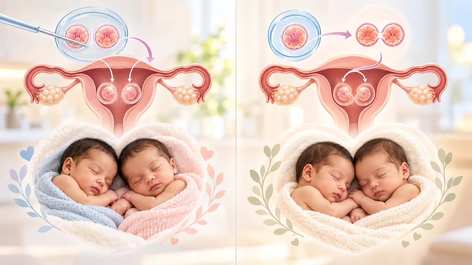 Illustration: two embryos transferred leading to non-identical twins, and one embryo splitting into identical twins