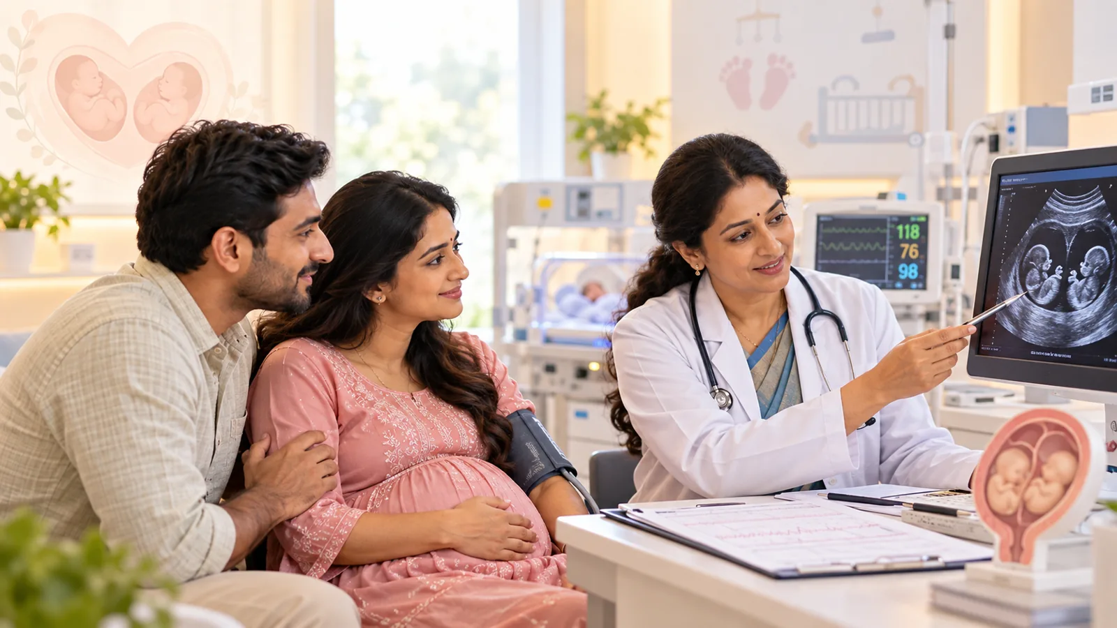Doctor showing an expecting couple a twin pregnancy ultrasound while checking blood pressure