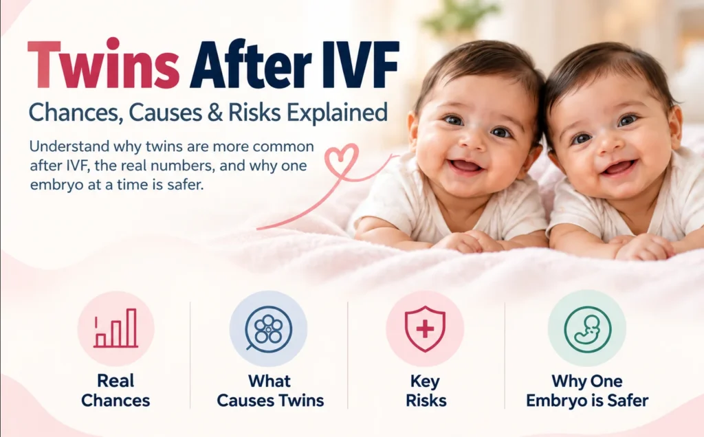 Twins after IVF banner: two smiling baby twins, with the chances, causes and risks of twin pregnancy explained